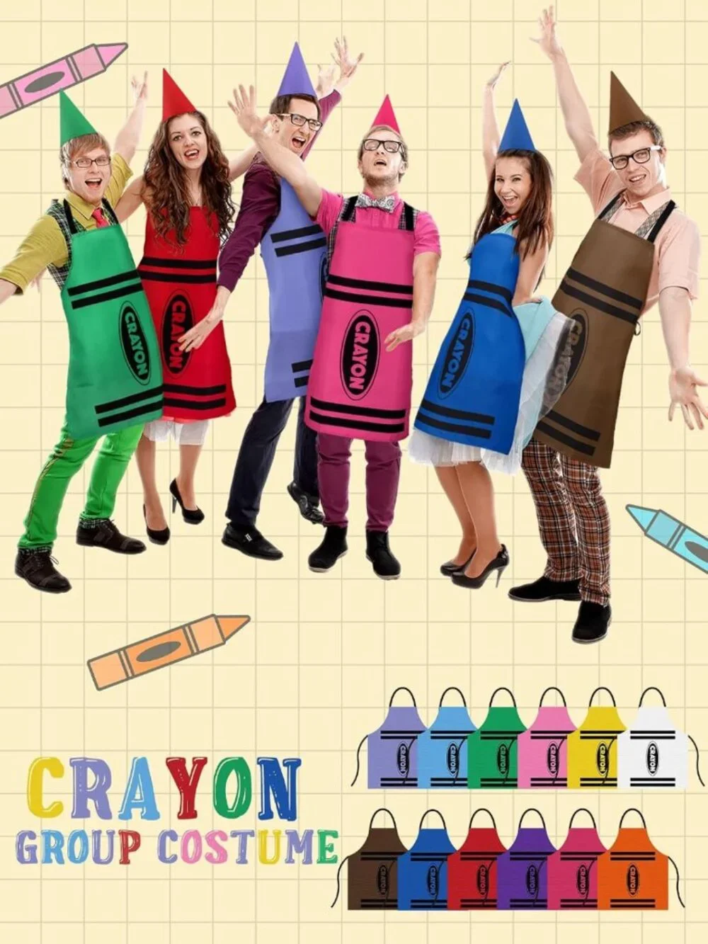 Colorful Crayon Costume for Adults - Fun Halloween Apron, Cone Hat & Dress